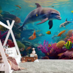Wall murals Dolphin swimming in a coral reef