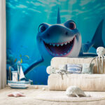 Wall murals Smiling shark swims with friends.