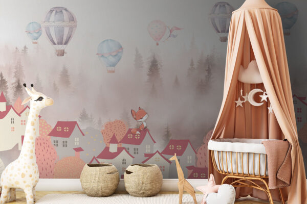 Wall murals Cartoon of a fox on a rooftop of a town with hot air balloons Wall murals Cartoon of a fox on a rooftop of a town with hot air balloons