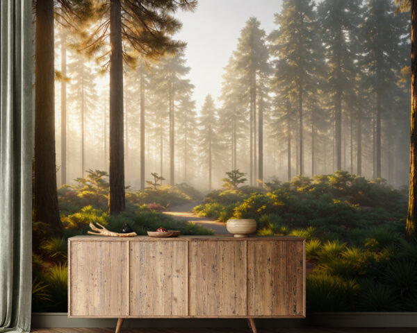 Sunlit forest path through trees Wall murals Sunlit forest path through trees