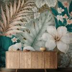 Wall murals White flower with green leaves