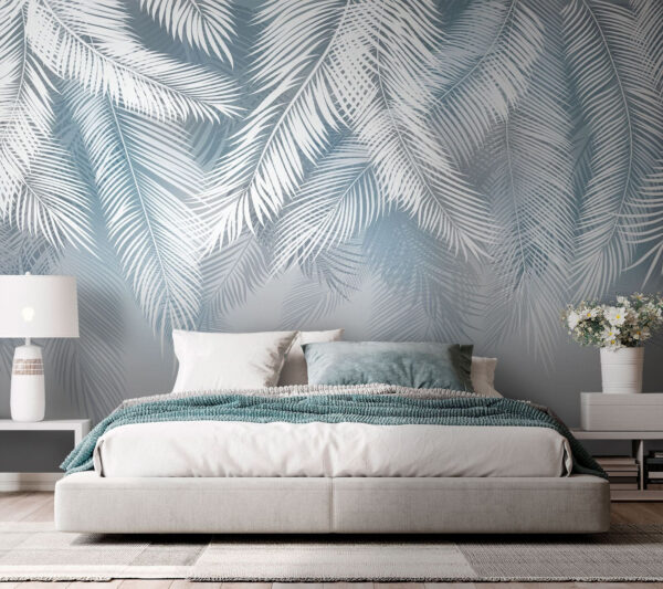 Silver palm leaves on light background Wall murals Silver palm leaves on light background