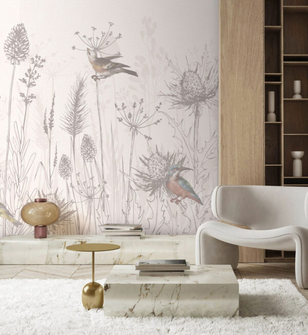 Birds among wildflowers in harmony Wall murals Birds among wildflowers in harmony