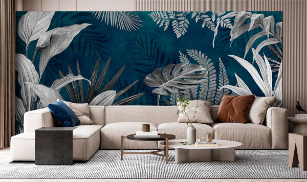 Tropical leaves on teal background Wall murals Tropical leaves on teal background