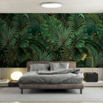 Wall murals Lush jungle leaves with butterflies.