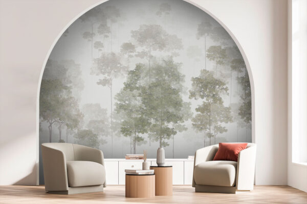Group of trees in a foggy forest Wall murals Group of trees in a foggy forest