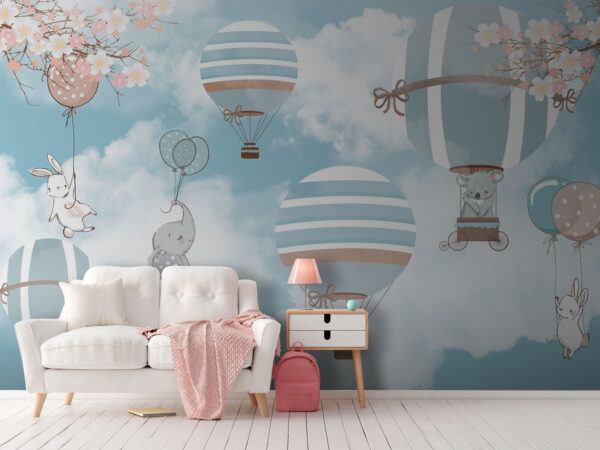 Group of elephants flying in a hot air balloon Wall murals Group of elephants flying in a hot air balloon