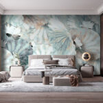 Wall murals Elegant lotus blossoms and leaves pattern.