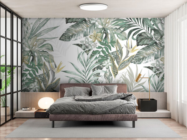 Wall murals Wall murals Tropical leaves with delicate flowers. (SKU: u94199)