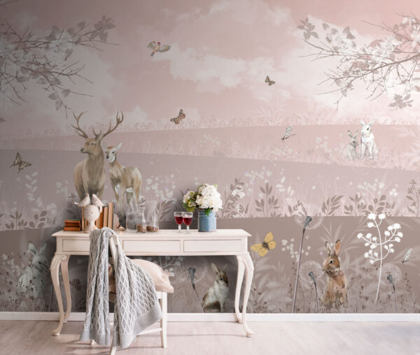 Deer and rabbits in serene landscape Wall murals Deer and rabbits in serene landscape