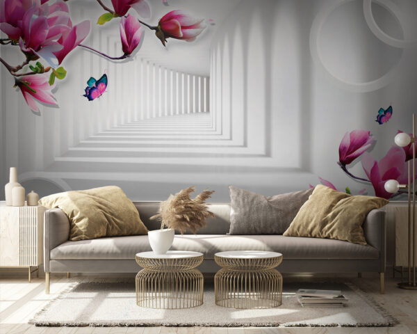 Pink blossoms with butterflies and water Wall murals Pink blossoms with butterflies and water