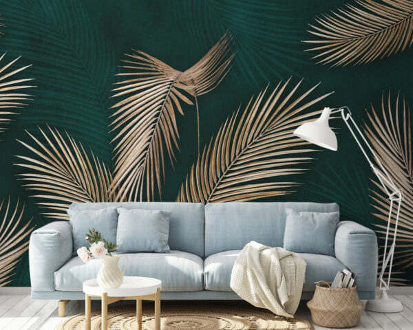 Elegant palm leaves on teal background Wall murals Elegant palm leaves on teal background