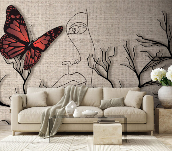 Wall murals Butterfly and a drawing of a woman's face Wall murals Butterfly and a drawing of a woman's face