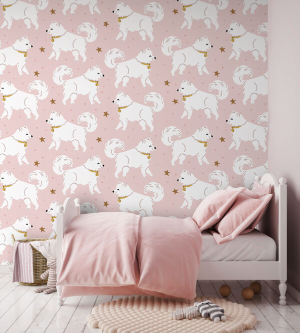 White dogs and stars on pink Wall murals White dogs and stars on pink