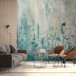 Wall murals Blue silhouettes of wildflowers on canvas.