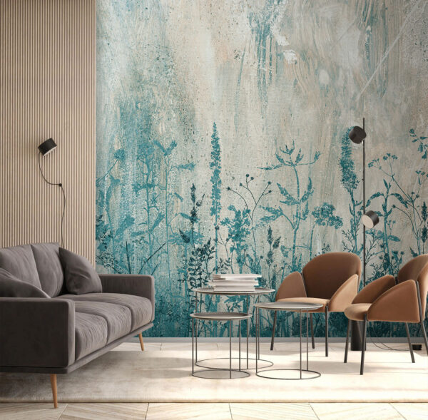 Blue silhouettes of wildflowers on canvas Wall murals Blue silhouettes of wildflowers on canvas