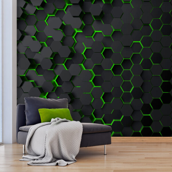 Wall murals Black hexagons with green light (SKU: u93618v1)