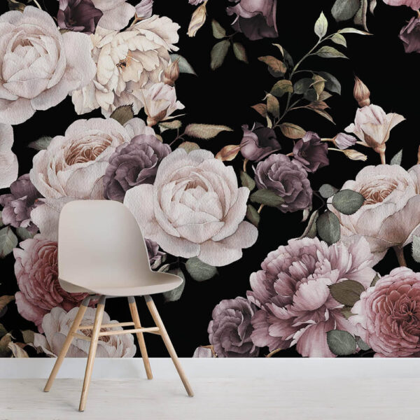 Vibrant floral pattern on black background Wall murals Vibrant floral pattern on black background
