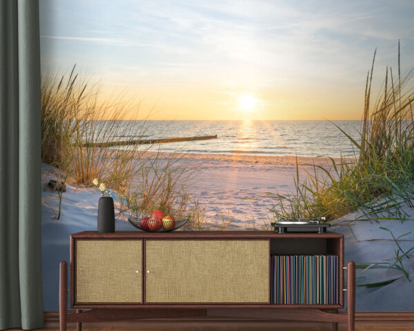 Grass on a beach with water in the background Wall murals Grass on a beach with water in the background