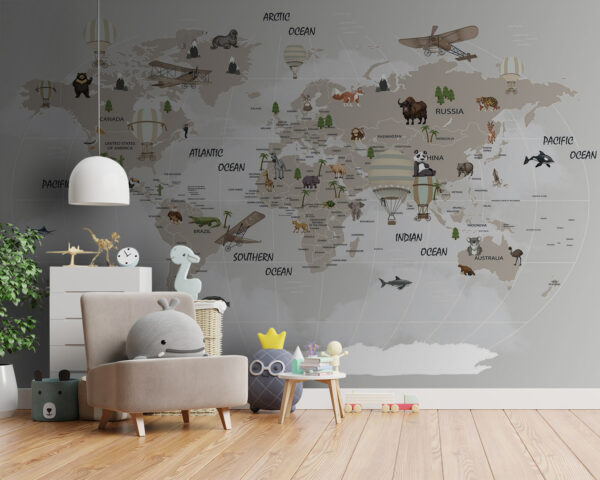 Wall murals Map of the world with animals Wall murals Map of the world with animals