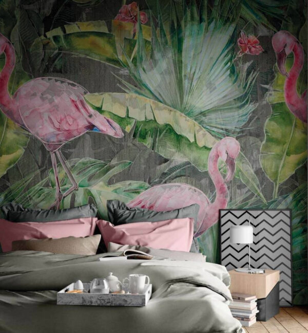 Wall murals Pink flamingo and green leaves Wall murals Pink flamingo and green leaves