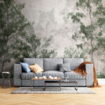 Wall murals Misty forest with green foliage.