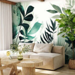 Wall murals Lush green leaves against white background.