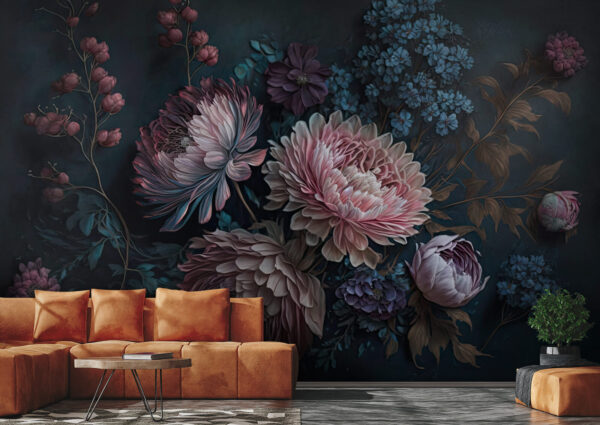 Vibrant floral arrangement in dark hues Wall murals Vibrant floral arrangement in dark hues