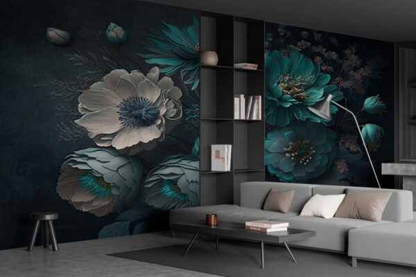 Floral elegance in soothing teal shades Wall murals Floral elegance in soothing teal shades