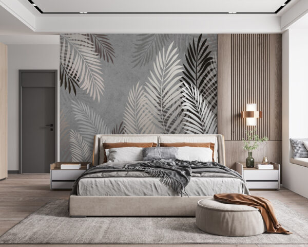 Decorative palm leaves on grey background. Wall murals Decorative palm leaves on grey background.