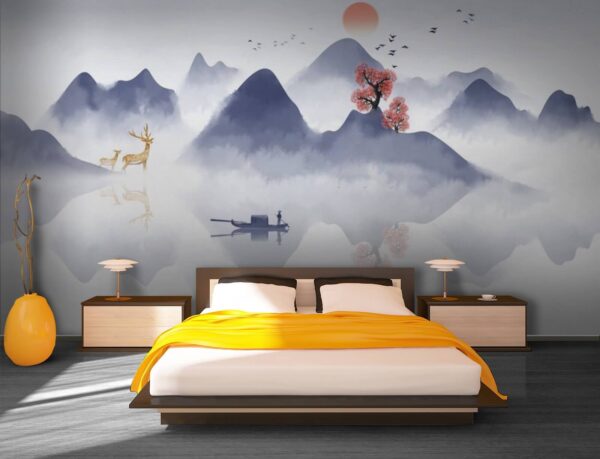 Wall murals Painting of a boat on a mountain with trees and mountains in the background Wall murals Painting of a boat on a mountain with trees and mountains in the background