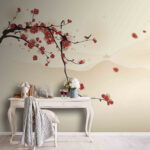 Wall murals Red blossoms with distant landscape view.