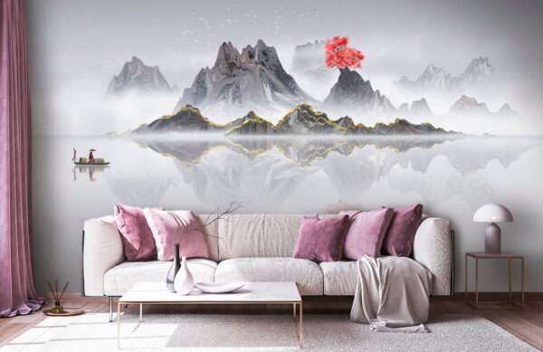 Wall murals Mountain range with a red tree in the middle of the water Wall murals Mountain range with a red tree in the middle of the water