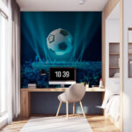 Wall murals Floating soccer ball over illuminated city.