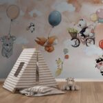 Wall murals Cartoon animals flying with balloons