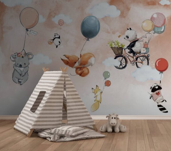 Wall murals Cartoon animals flying with balloons Wall murals Cartoon animals flying with balloons