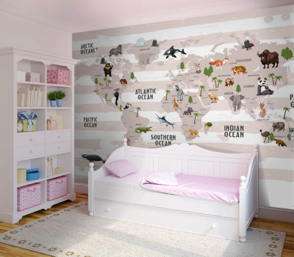 Wall murals Map of the world with animals Wall murals Map of the world with animals