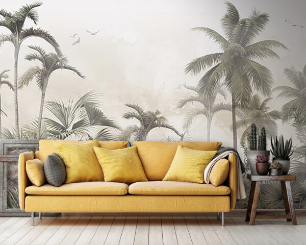 Wall murals Palm trees and rocks in a foggy environment Wall murals Palm trees and rocks in a foggy environment
