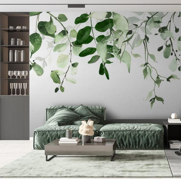 Watercolor green leaves on white Wall murals Watercolor green leaves on white