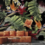 Wall murals Tropical floral pattern on black background.