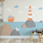 Wall murals Cartoon of a lighthouse and a boat