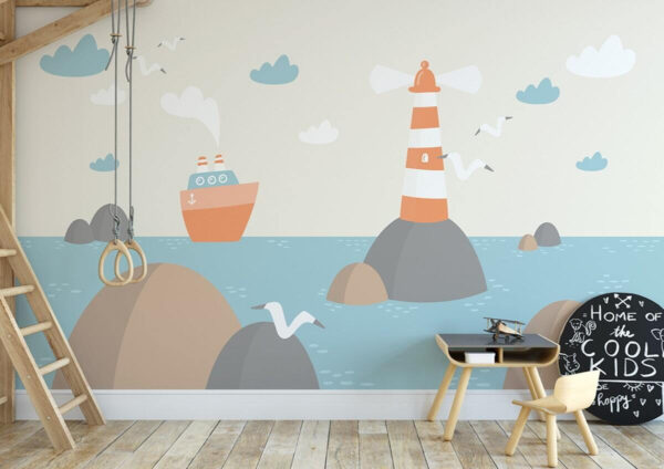 Wall murals Cartoon of a lighthouse and a boat Wall murals Cartoon of a lighthouse and a boat