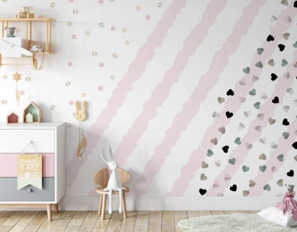 Wall murals Pink and white striped background with small hearts Wall murals Pink and white striped background with small hearts