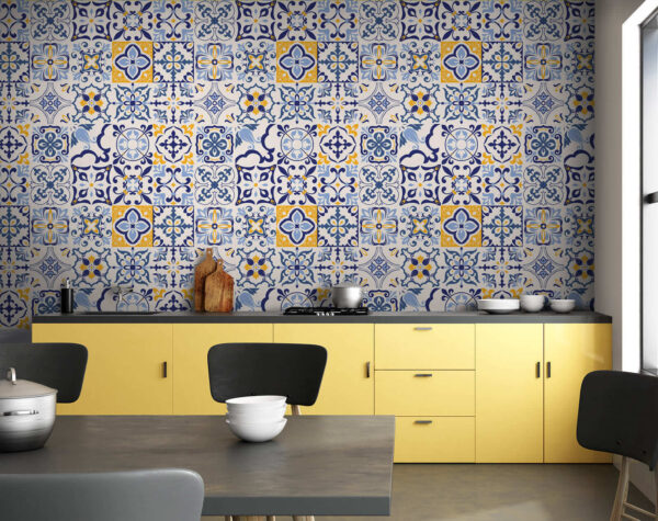 Wall murals Pattern of blue and yellow tiles Wall murals Pattern of blue and yellow tiles
