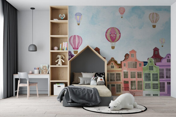 Wall murals Group of buildings with hot air balloons Wall murals Group of buildings with hot air balloons
