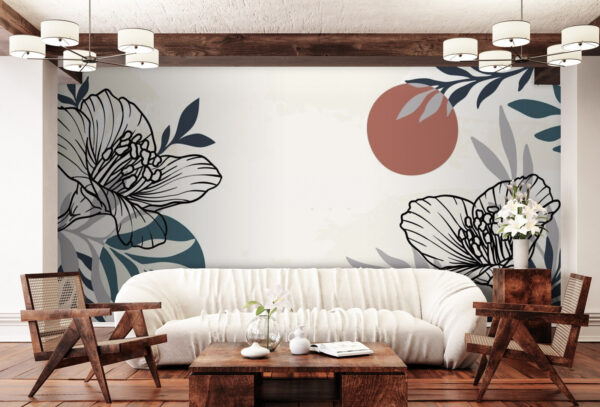 Wall murals White background with black and white flowers and leaves Wall murals White background with black and white flowers and leaves