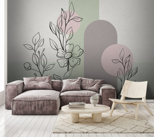 Wall murals Drawing of a flower and leaves Wall murals Drawing of a flower and leaves