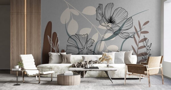 Wall murals Drawing of flowers and leaves Wall murals Drawing of flowers and leaves
