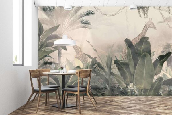 Wall murals Giraffes in a forest with trees and plants Wall murals Giraffes in a forest with trees and plants