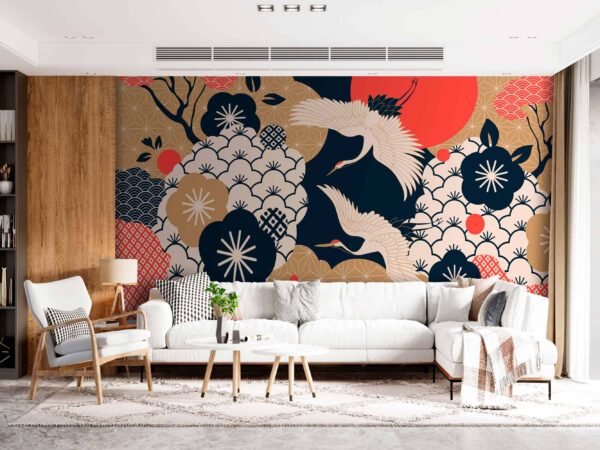 Cranes soar above decorative blossoms Wall murals Cranes soar above decorative blossoms